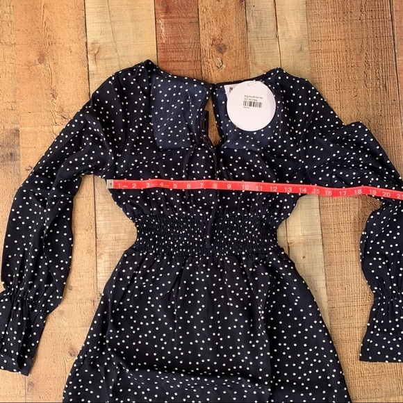 Princess Polly vertigo blues mini dress navy polka dot box cut neckline - 2 - Picture 4 of 8